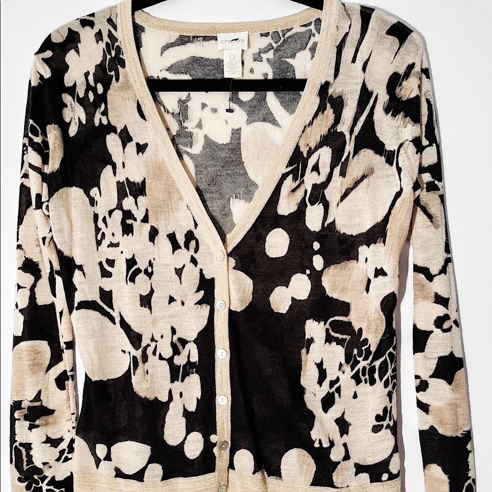 Chico’s cardigan, button up, golden trim